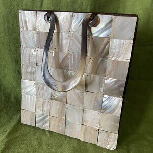 Mother-Of-Pearl Mosaic Handbag With Brown Satin Lining & Unique Shell Handles
